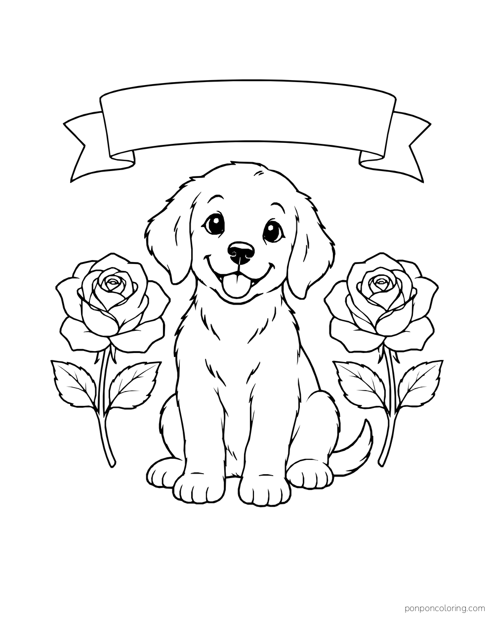 A seated puppy sits between two roses beneath a wide blank banner.