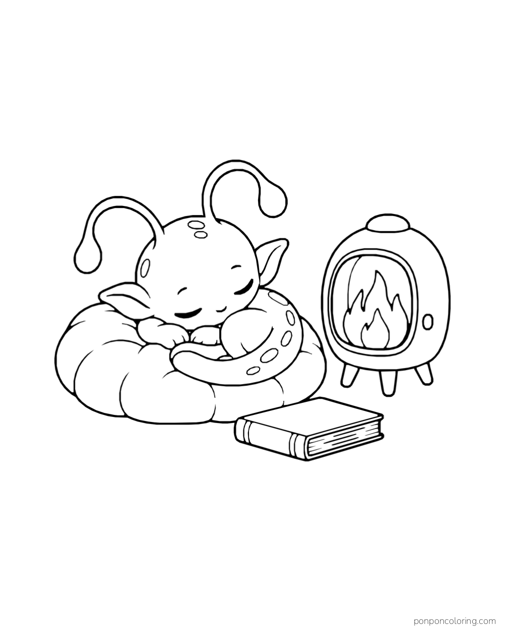 An alien curls beside a small heater and a closed book.