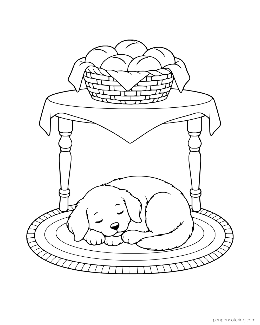A puppy sleeps on a round rug below a table topped with a basket of rolls.