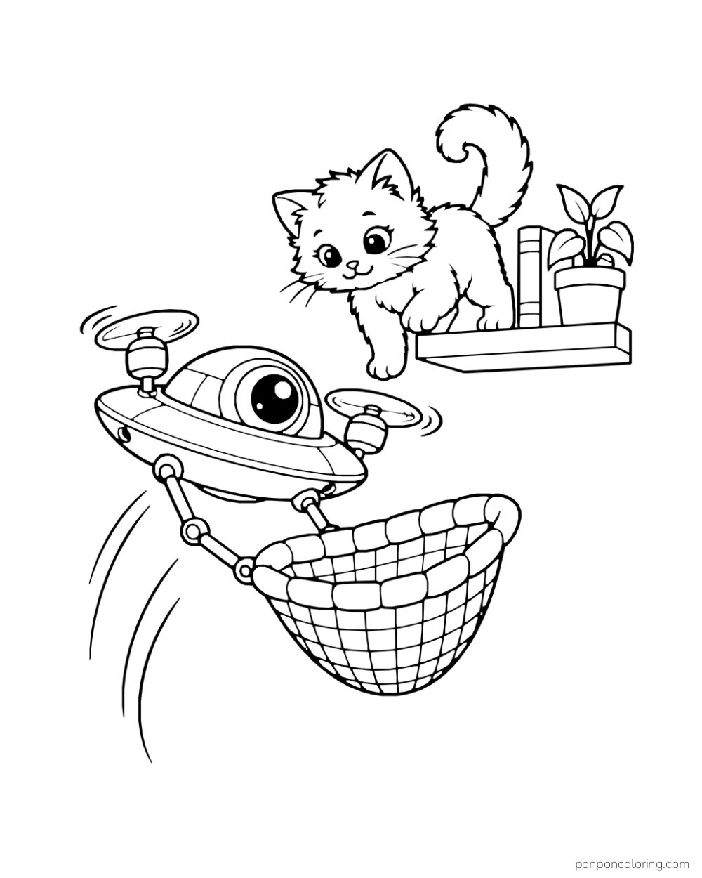 A flying robot holds a padded net beneath a kitten stepping from a shelf.