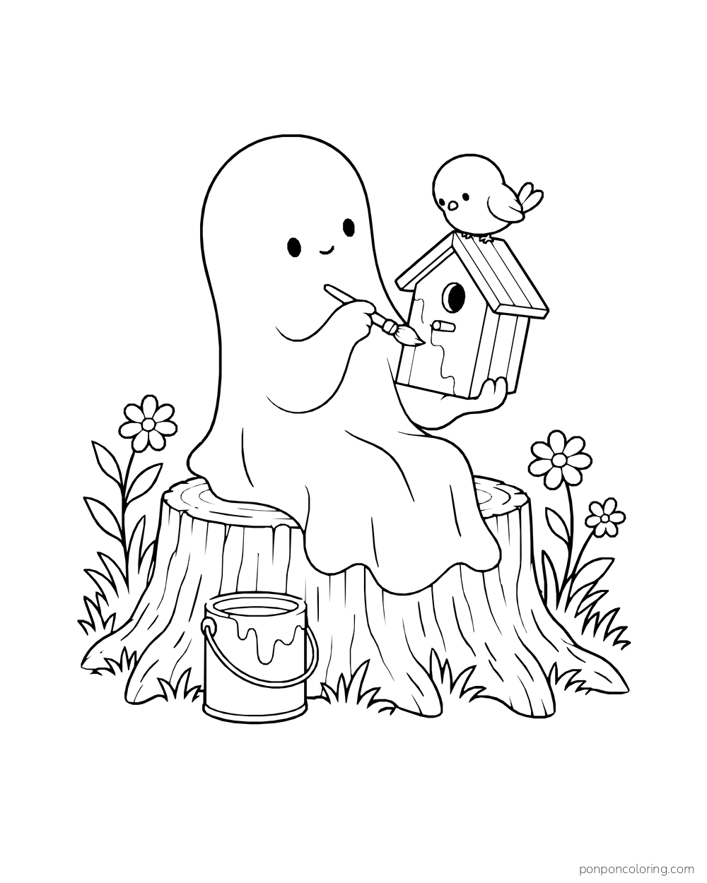 A ghost sits on a stump painting a birdhouse among flowers.