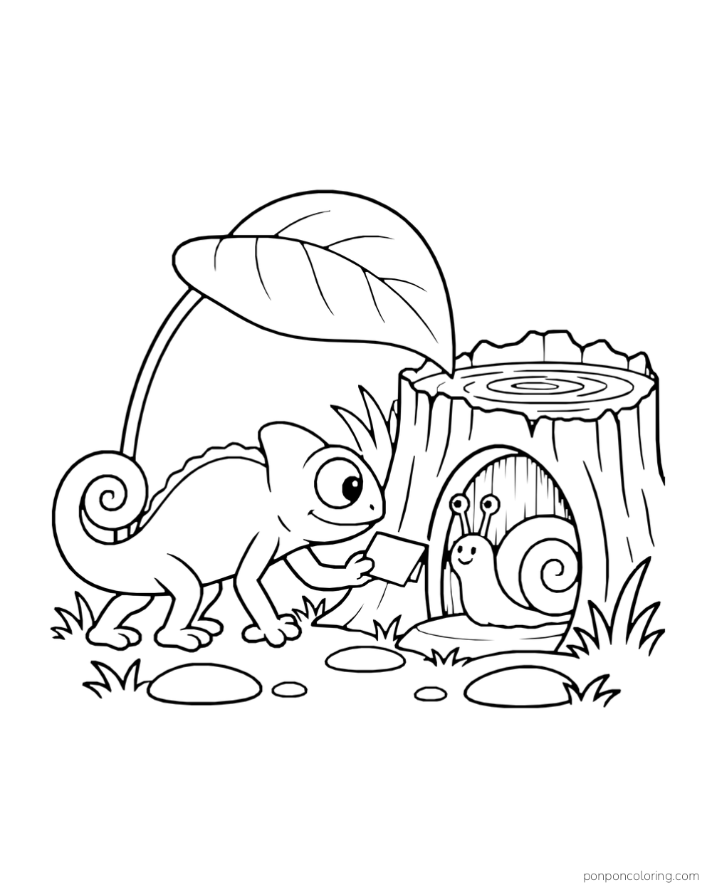 A chameleon carries a folded blank note toward a snail in the doorway of a short stump.