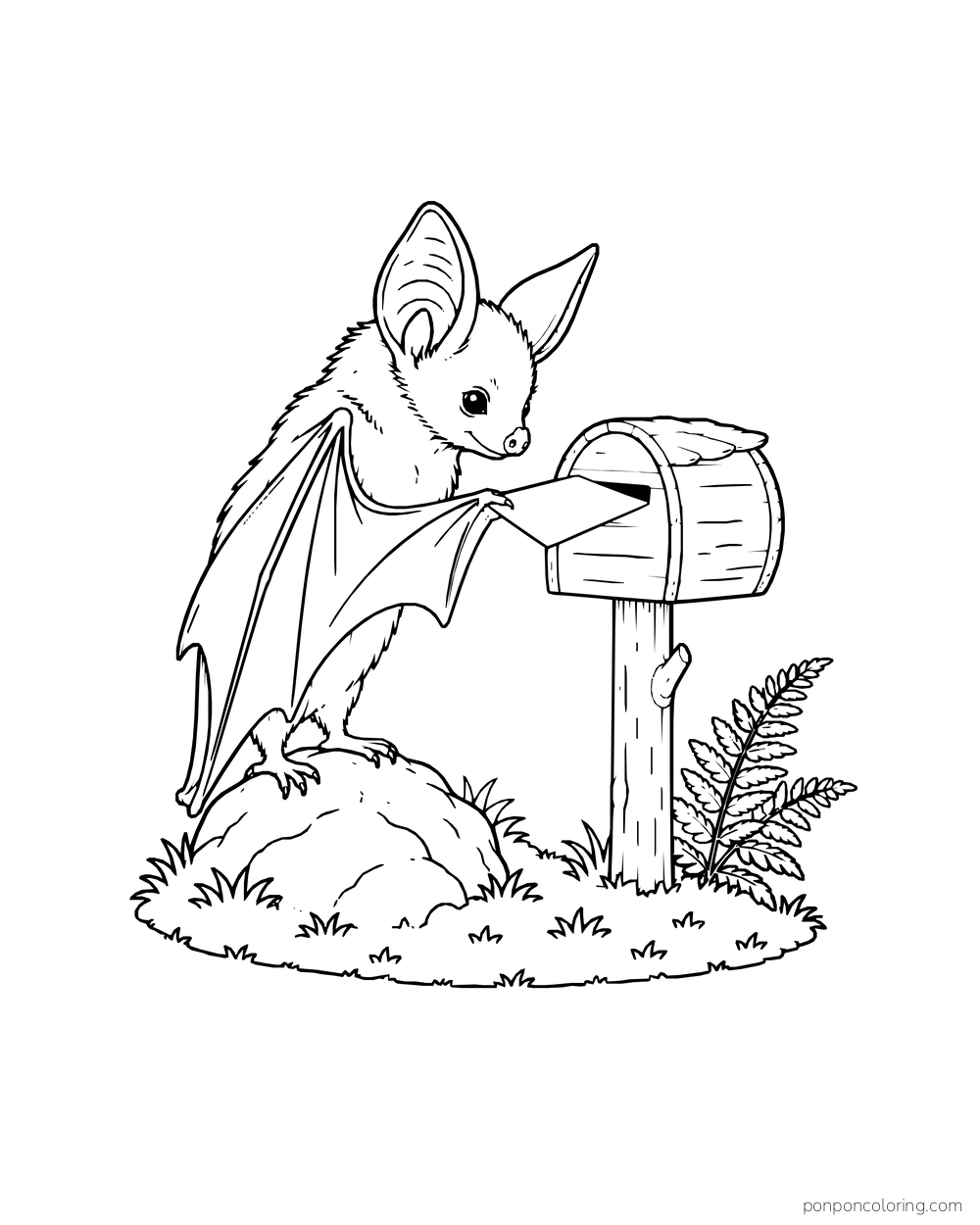 A bat posts a blank note in a tiny mailbox beside a fern and grassy mound.