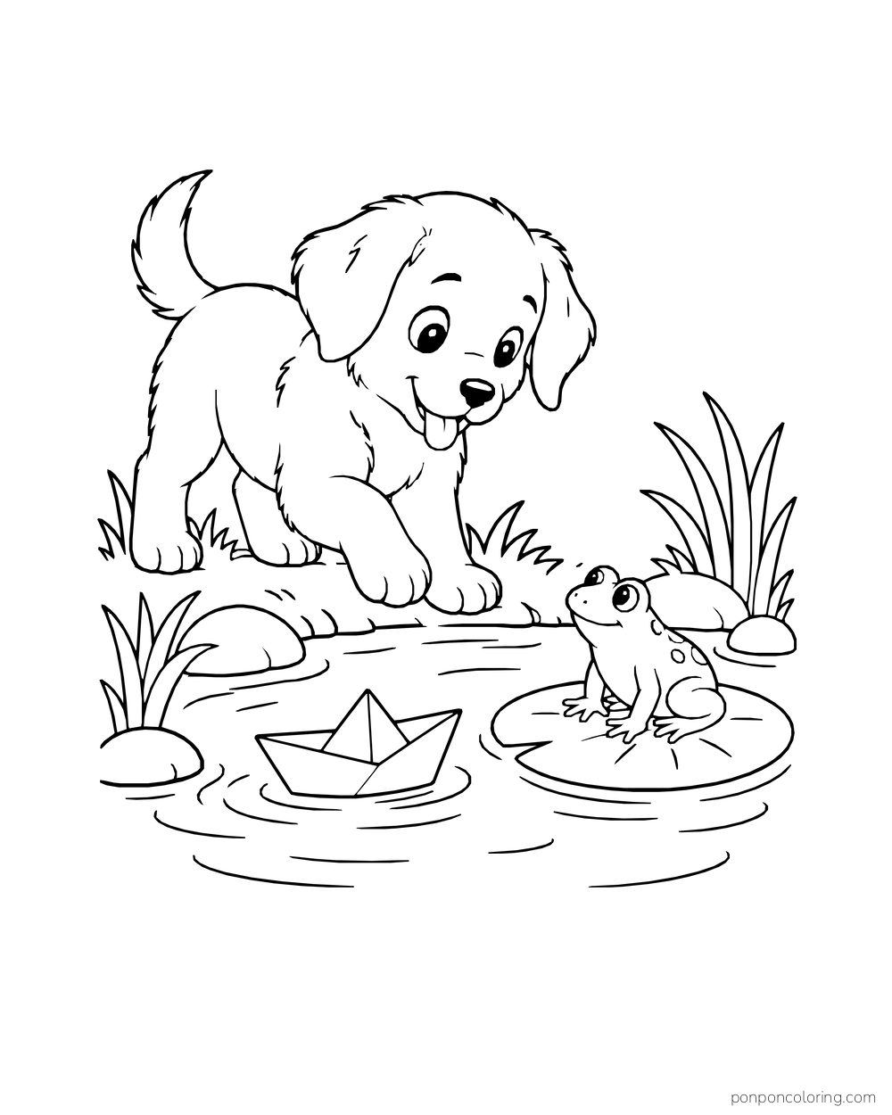 A puppy watches a frog and a paper boat in a small pond.