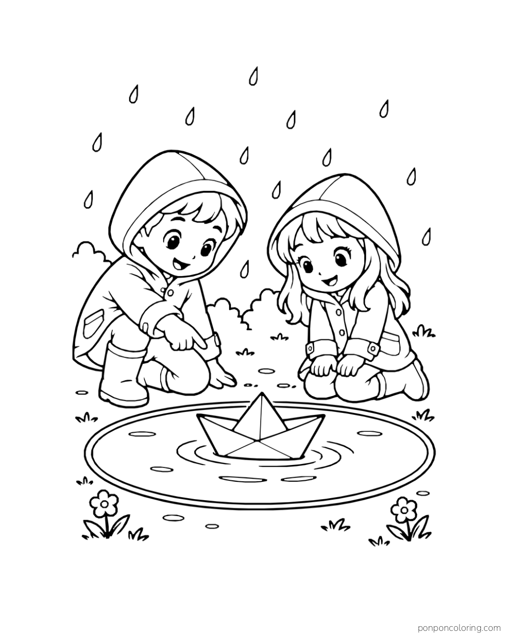 Two children crouch beside a puddle and point toward a paper boat floating in it.
