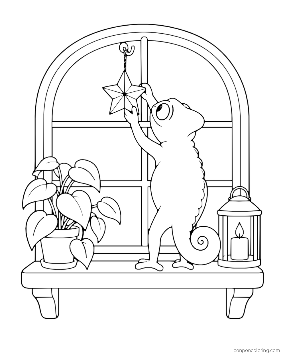 A chameleon on a window ledge reaches toward a paper star hanging in front of a rounded window.