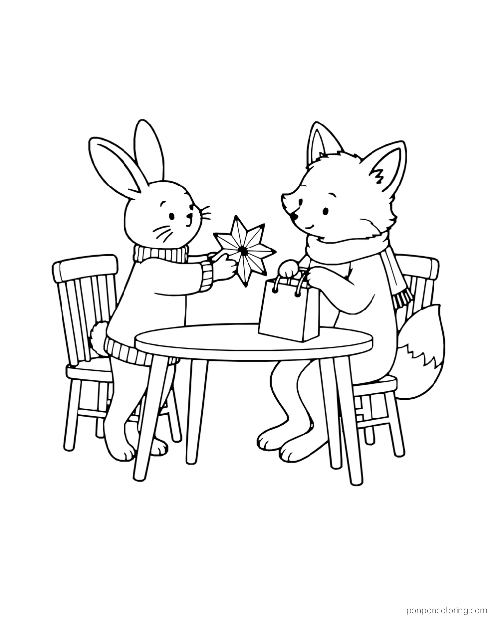 A rabbit hands a folded paper star to a fox holding a gift bag at a round table.