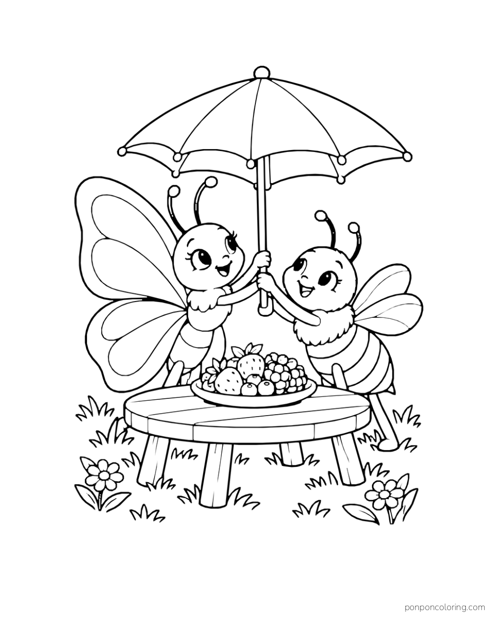 A butterfly and a striped bee hold a parasol above a plate of berries on a low table.