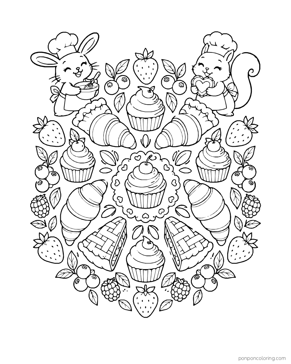 A radial bakery design combines croissants, cupcakes, fruit, and two small animal bakers.