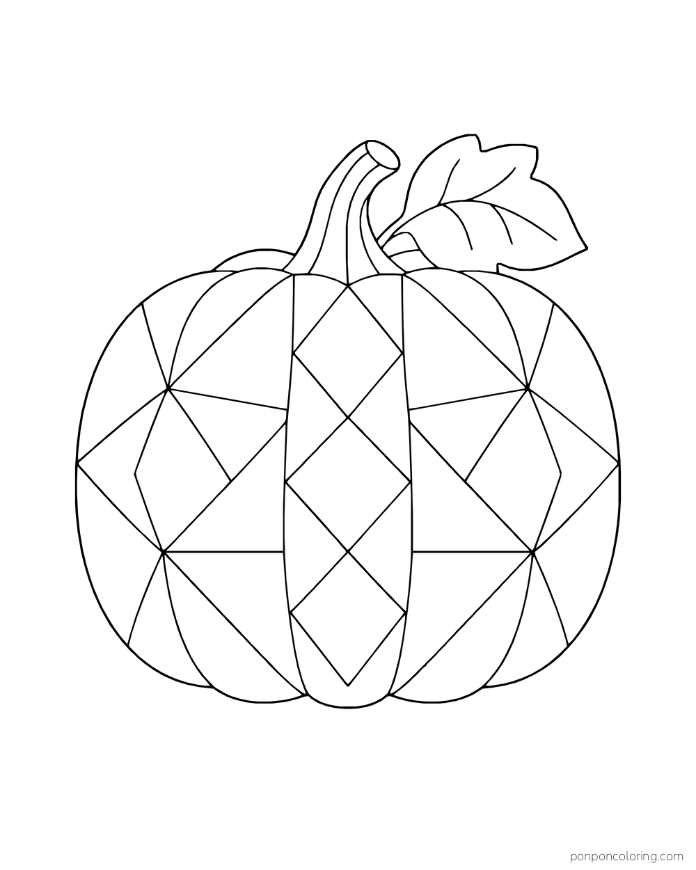 Triangles and diamonds divide a round pumpkin beneath a curved stem and plain leaf.