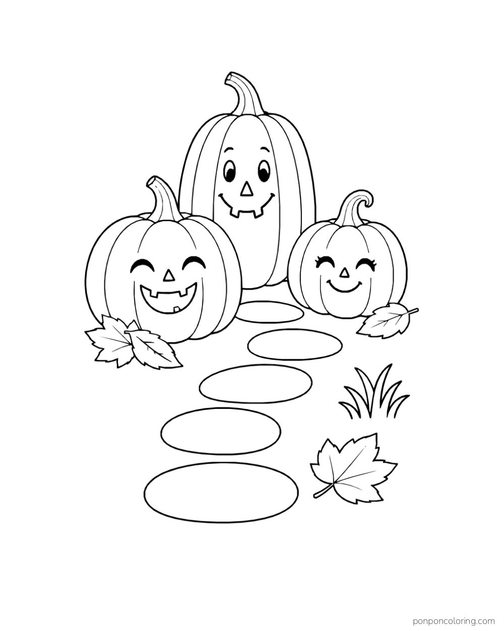 Five oval stepping stones lead to three smiling jack-o-lanterns with scattered leaves and a tuft of grass.