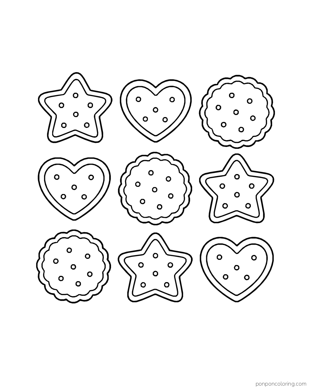Nine large star, heart, and round bakery cookies form a simple three-by-three pattern.
