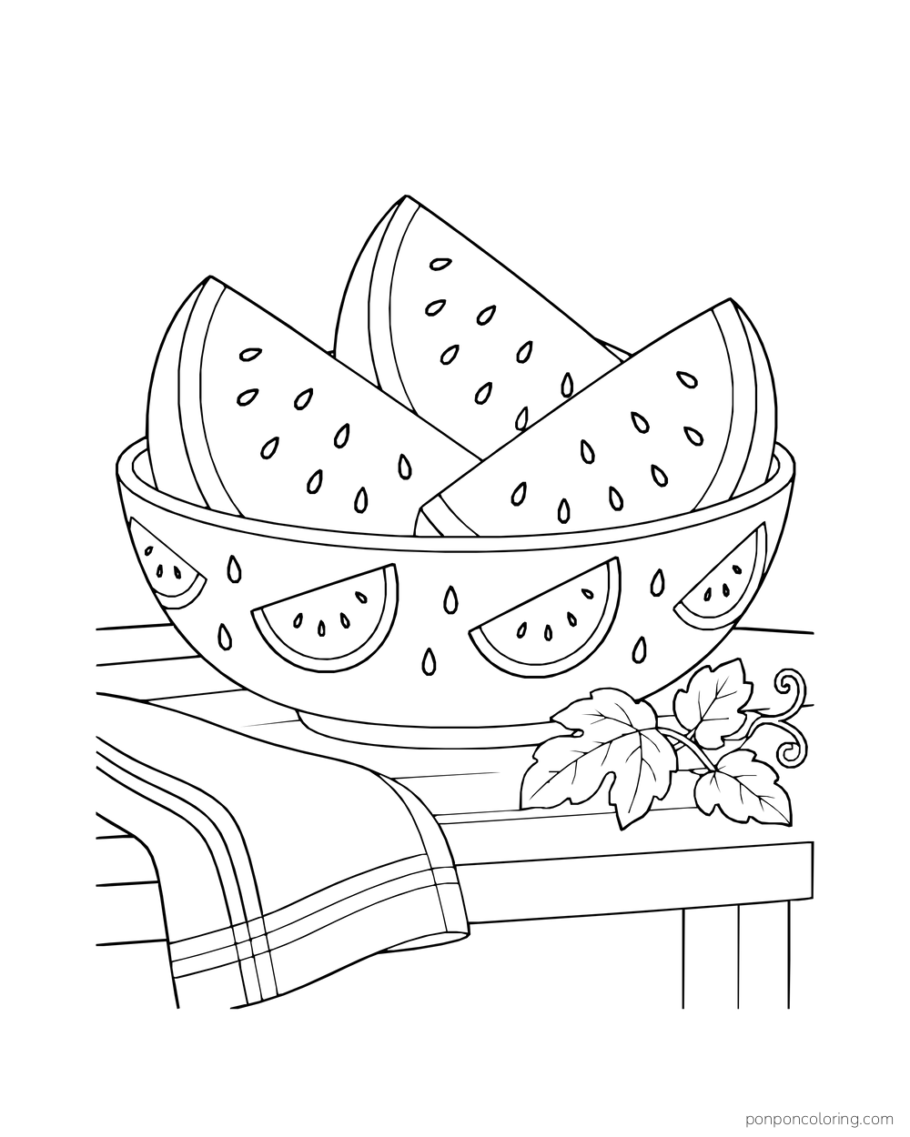 A bowl decorated with tiny watermelon motifs and filled with three big wedges.