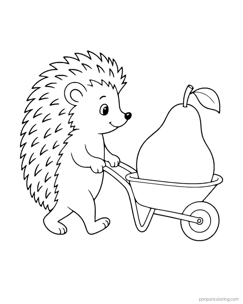 A hedgehog pushes a giant pear in a wheelbarrow.