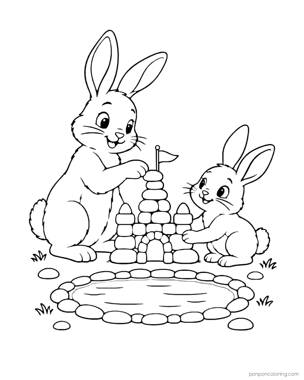 Two rabbits stack rounded stones beside a small oval pond.
