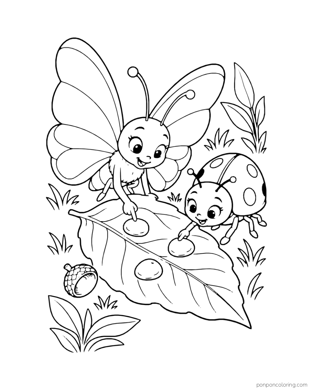 A butterfly and ladybug play with three smooth pebbles on a broad leaf.