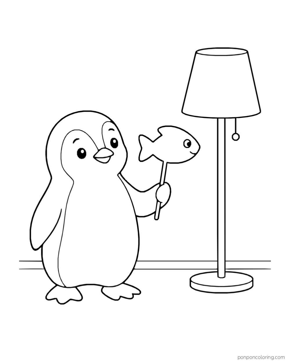 A penguin holds a fish-shaped puppet on a stick beside a standing lamp.