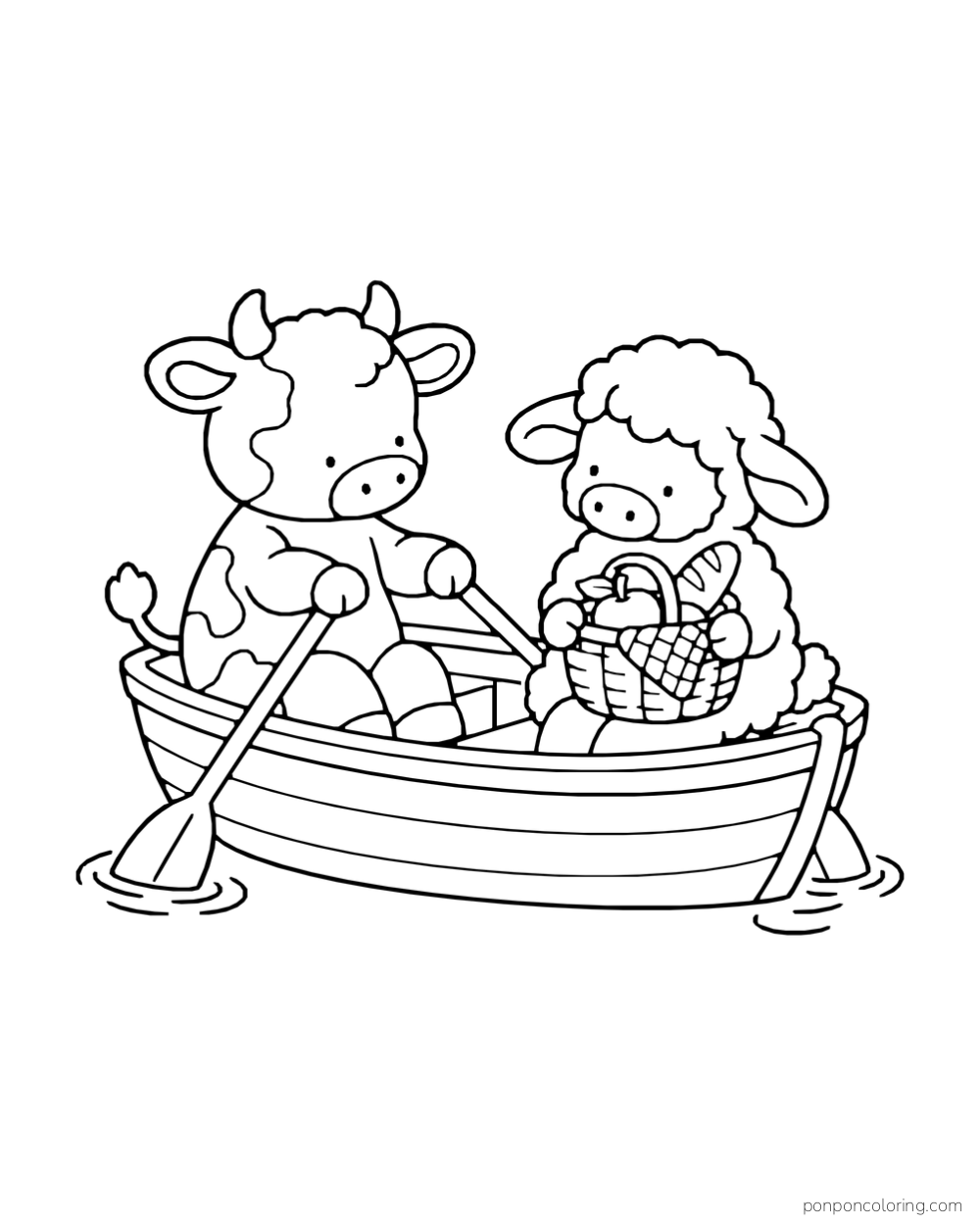 A calf rows a boat while a sheep holds a picnic basket.