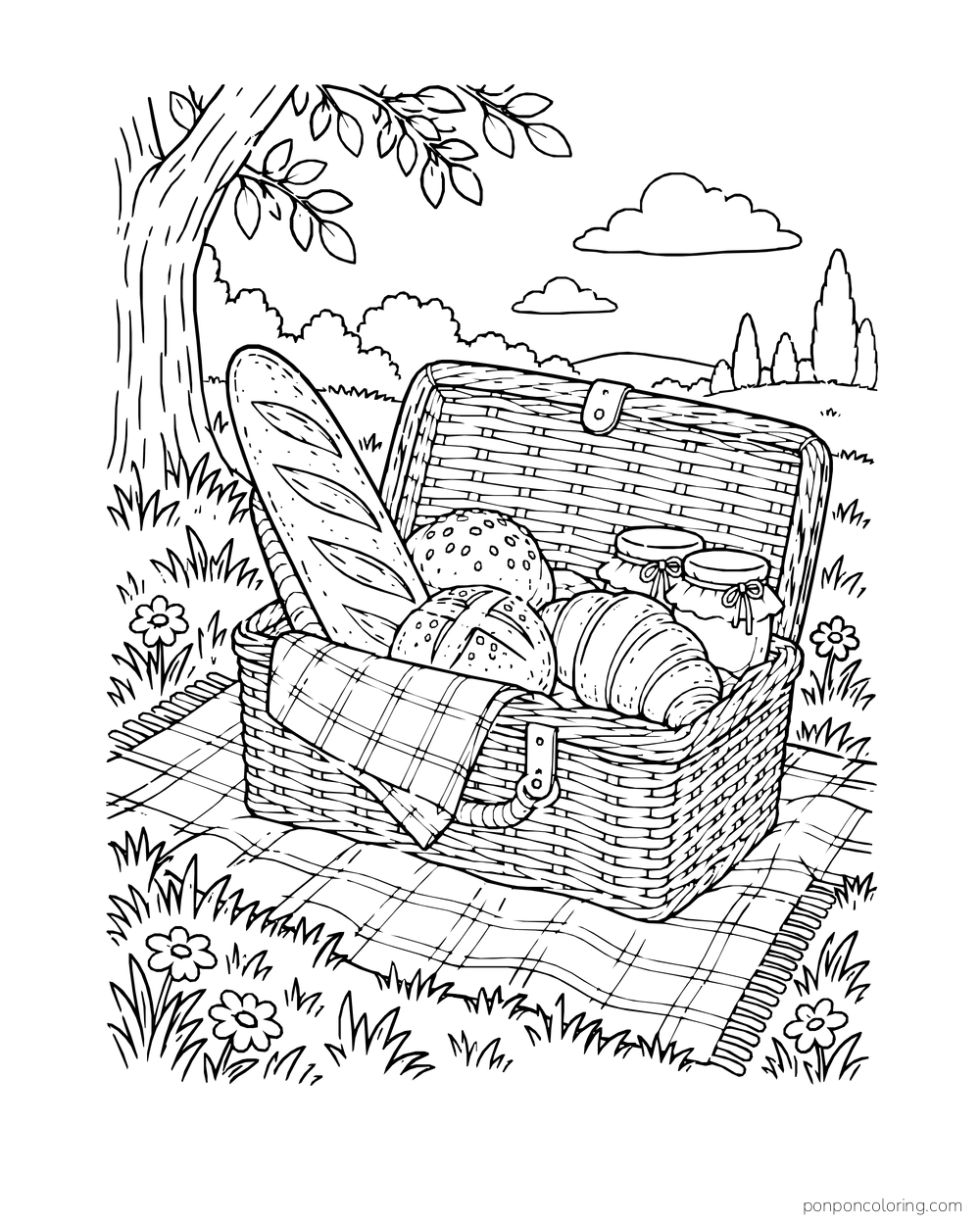 An open picnic basket holds a baguette, rolls, jars, and a folded cloth on grass.