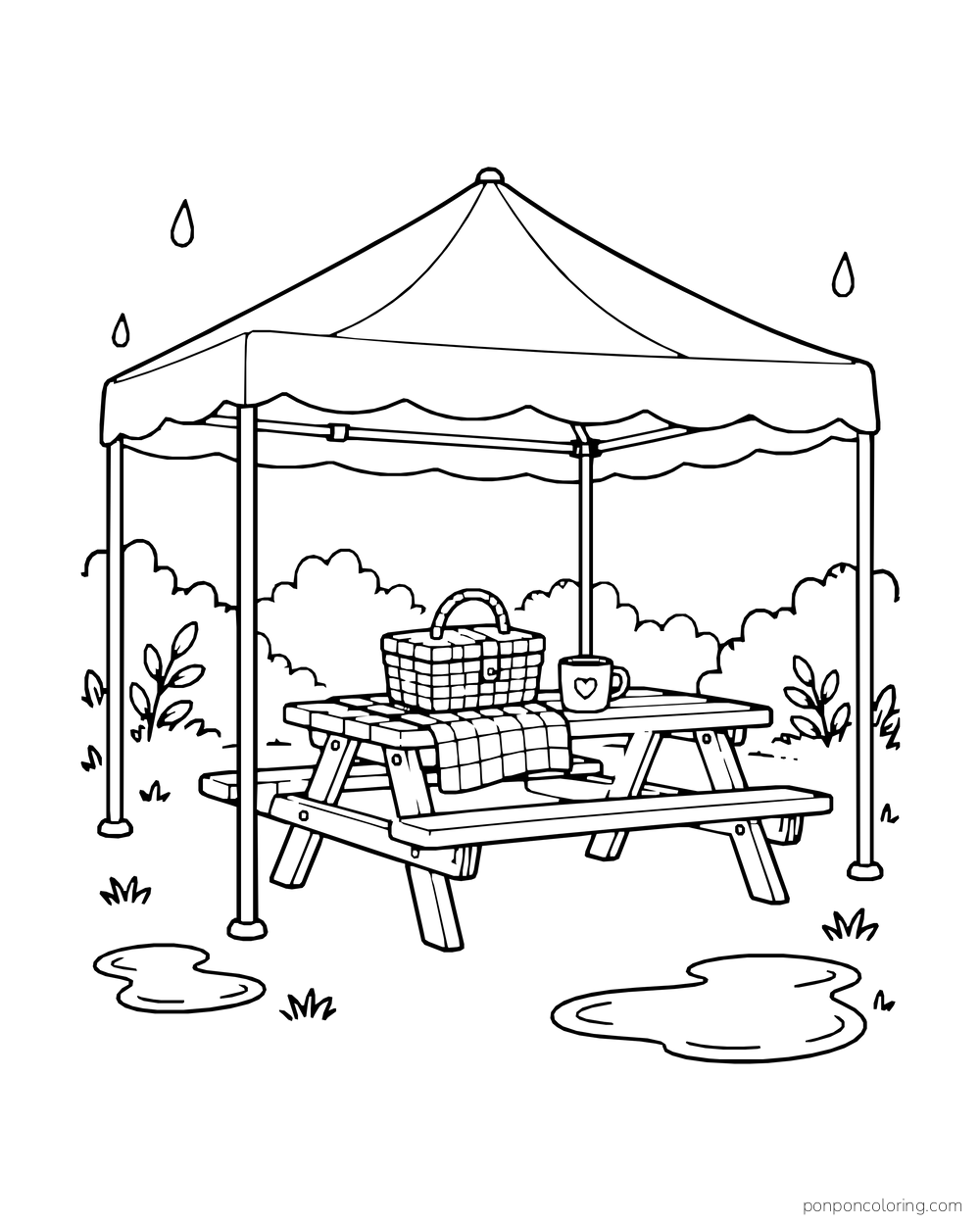 An unoccupied picnic table with a basket, cloth, and mug sits beneath a rain canopy.