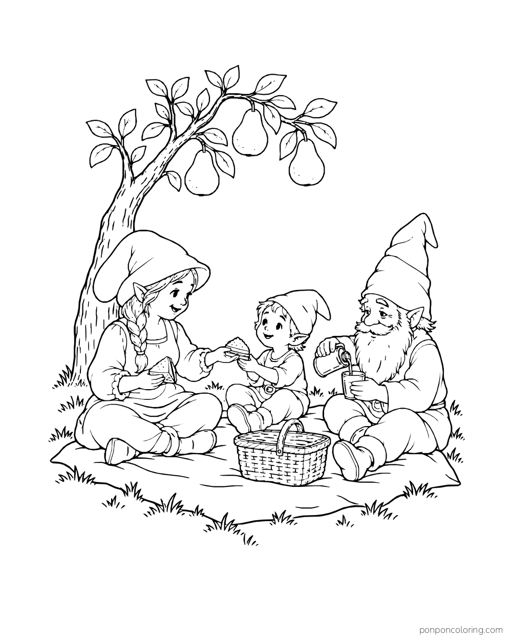 Three gnomes sharing food around a basket beneath a pear tree.