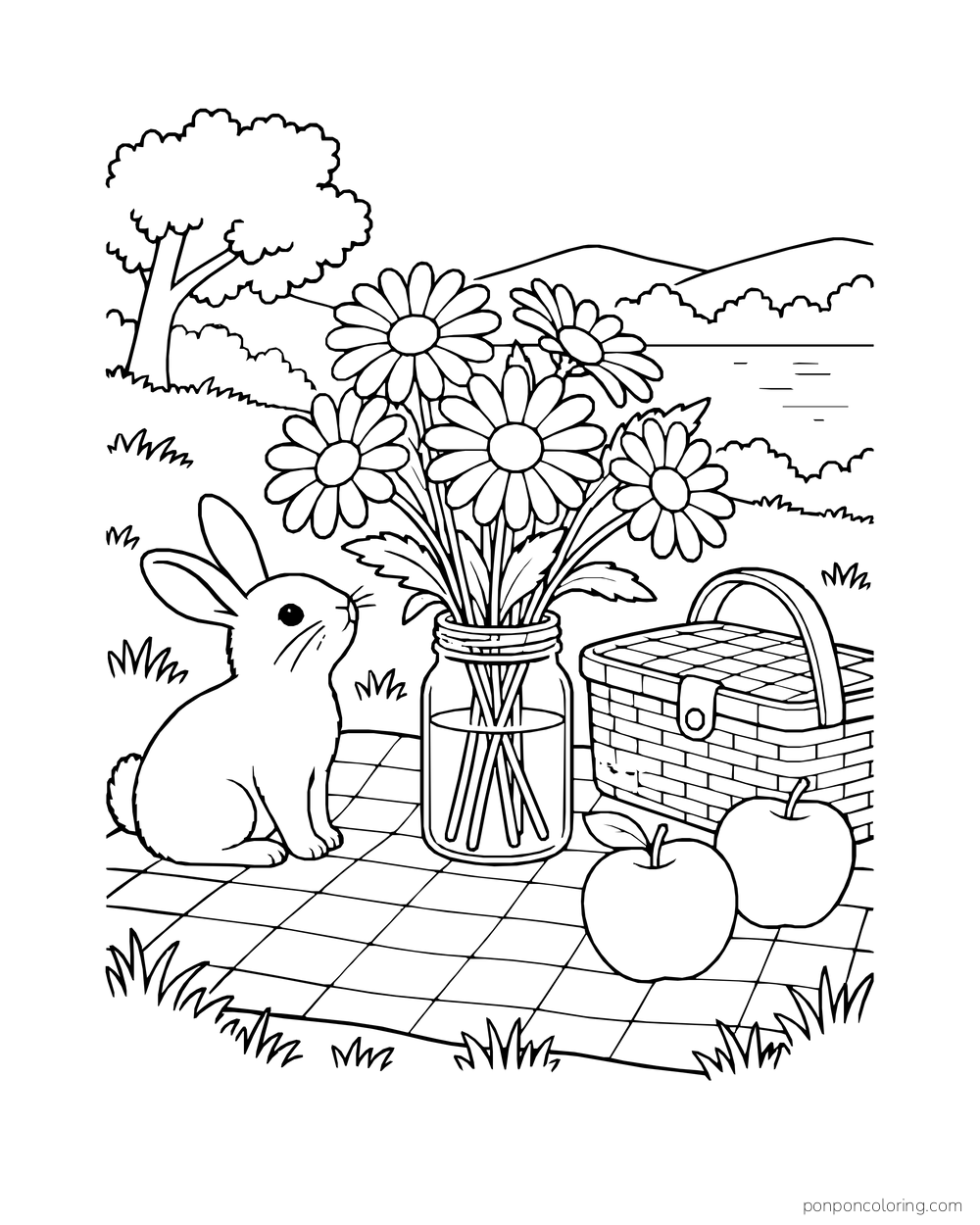 A jar of daisies stands on a checked picnic blanket with apples, basket, and a rabbit.