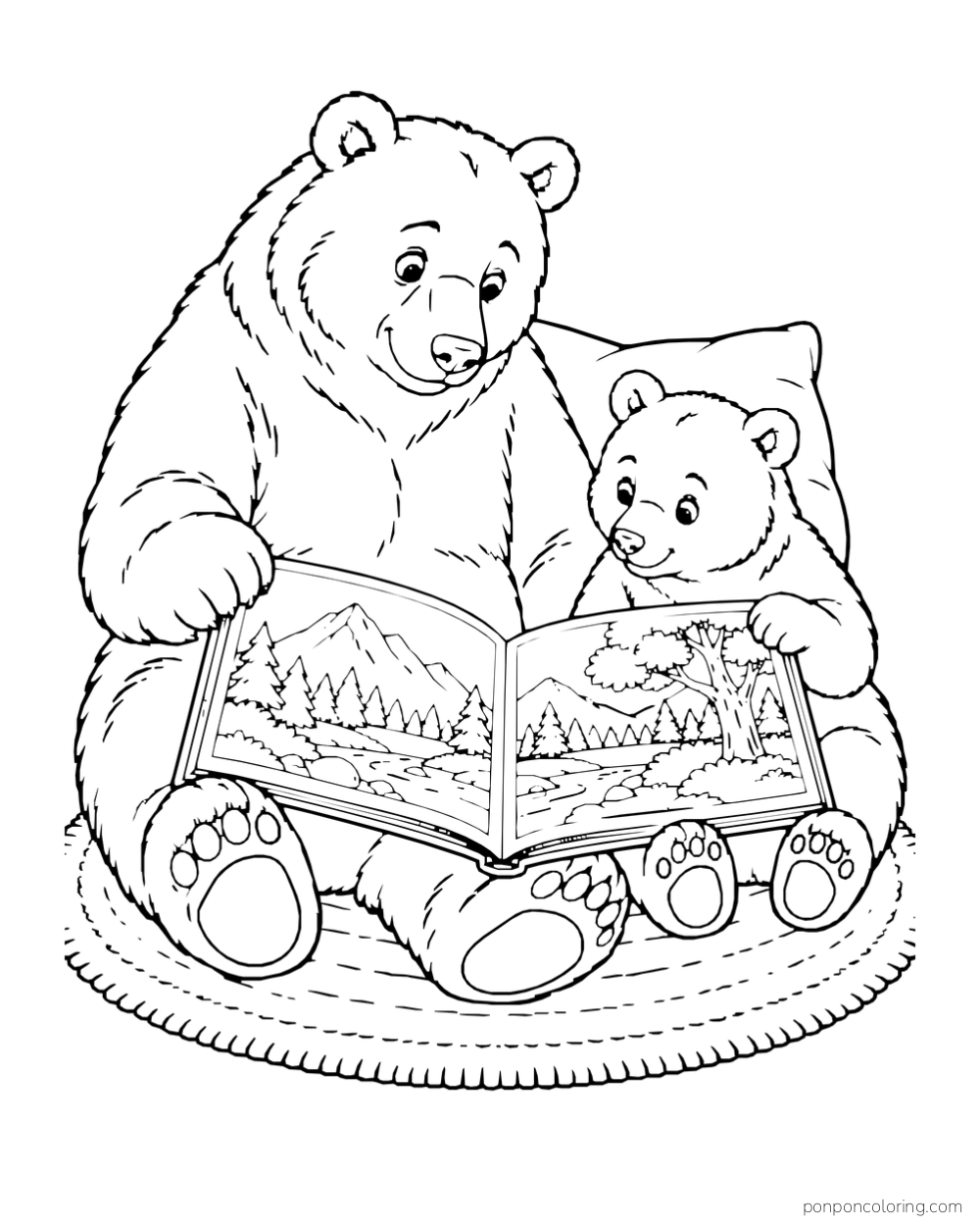 Two bears of different sizes sit together on a round rug and look at an open picture book.