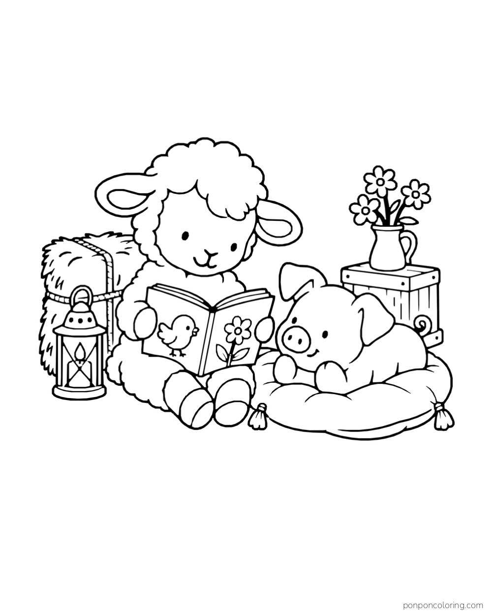 A lamb holds an open picture book beside a piglet on a cushion, with a hay bale, lantern and vase of flowers nearby.