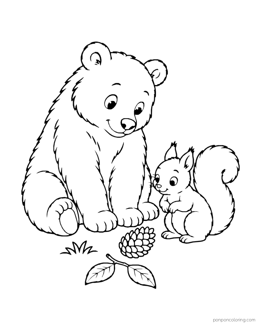 A bear and a squirrel sit across from one pinecone and a leafy twig.