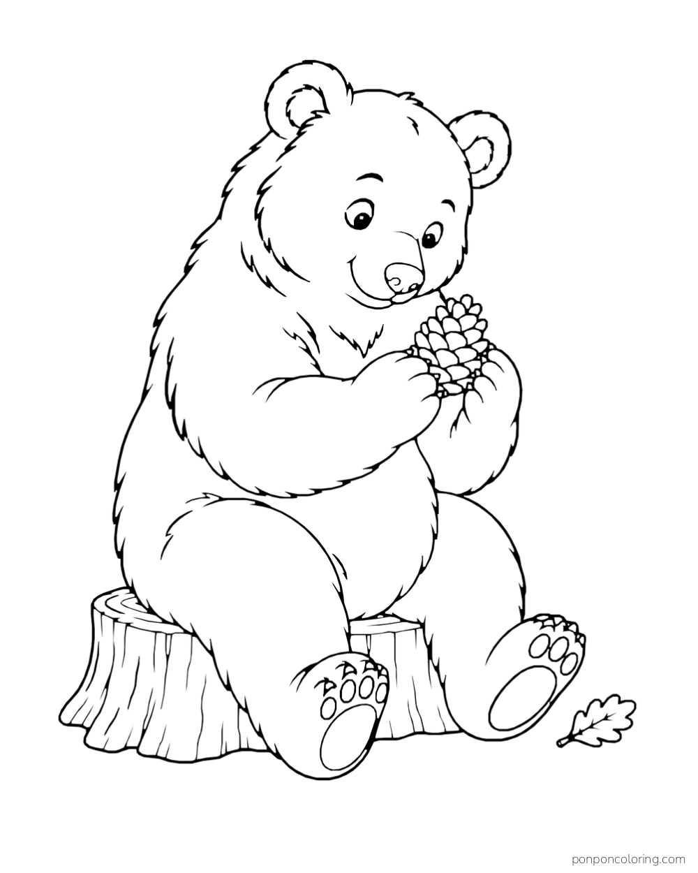 A seated bear holds a pinecone while resting on a short stump.
