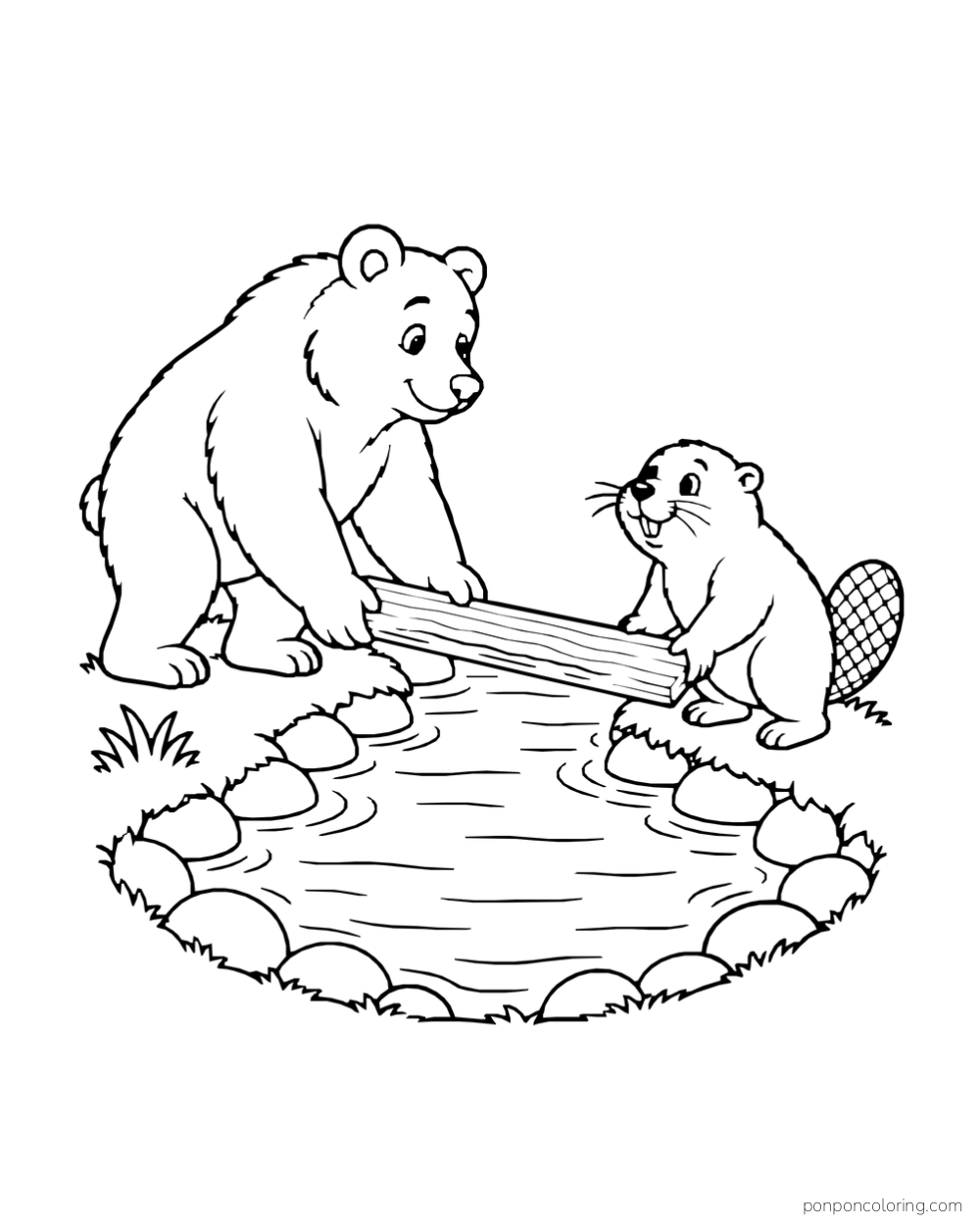A bear and a beaver hold opposite ends of a plank over a small enclosed stream.