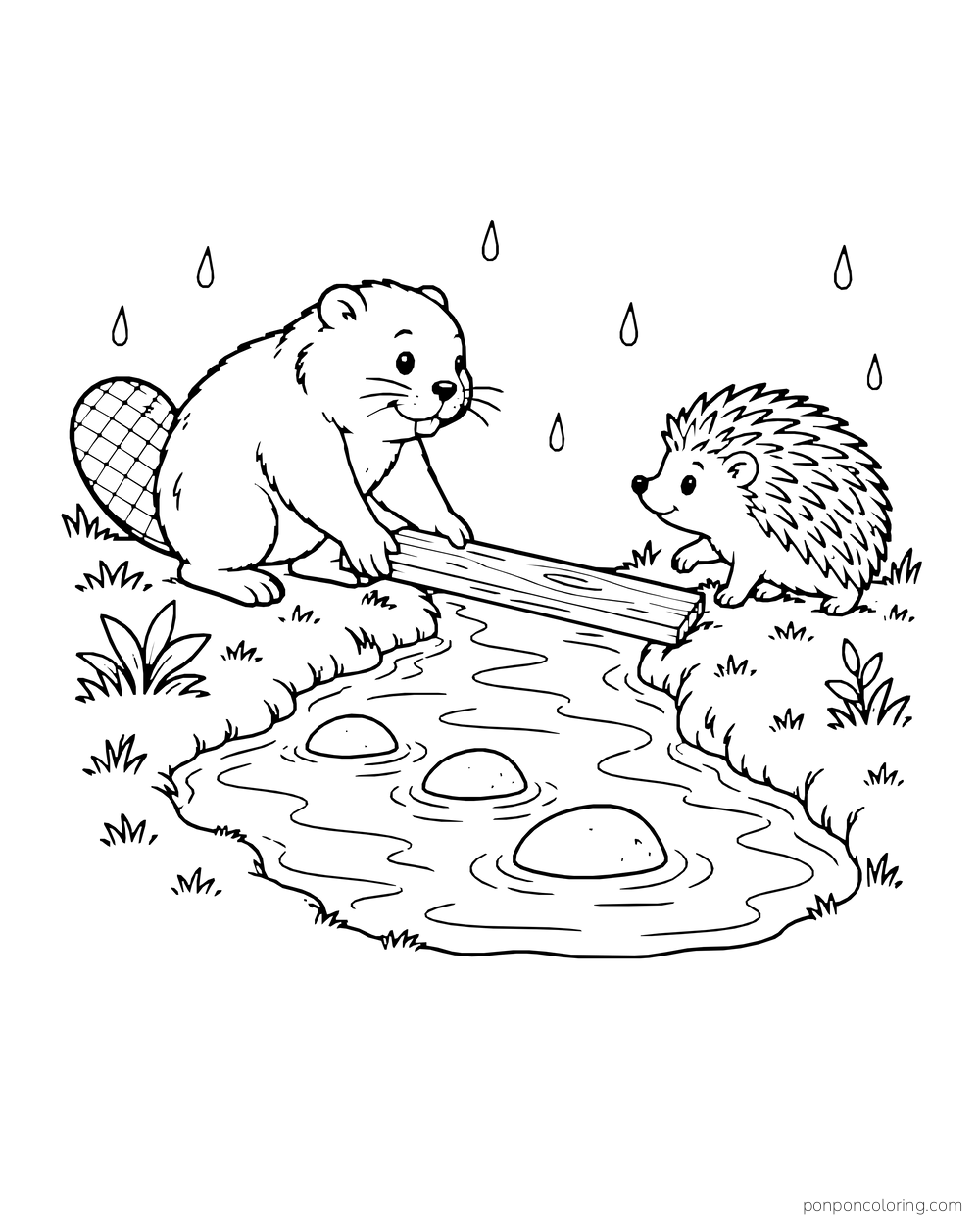 A beaver holds a plank toward a hedgehog beside rain runoff.