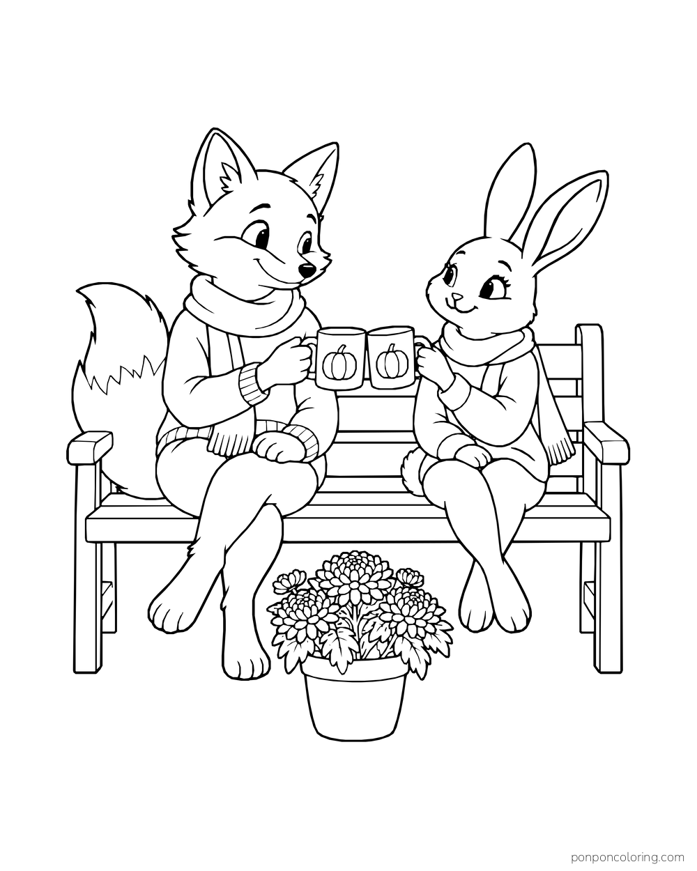 A fox and rabbit hold mugs together on a bench above a pot of flowers.