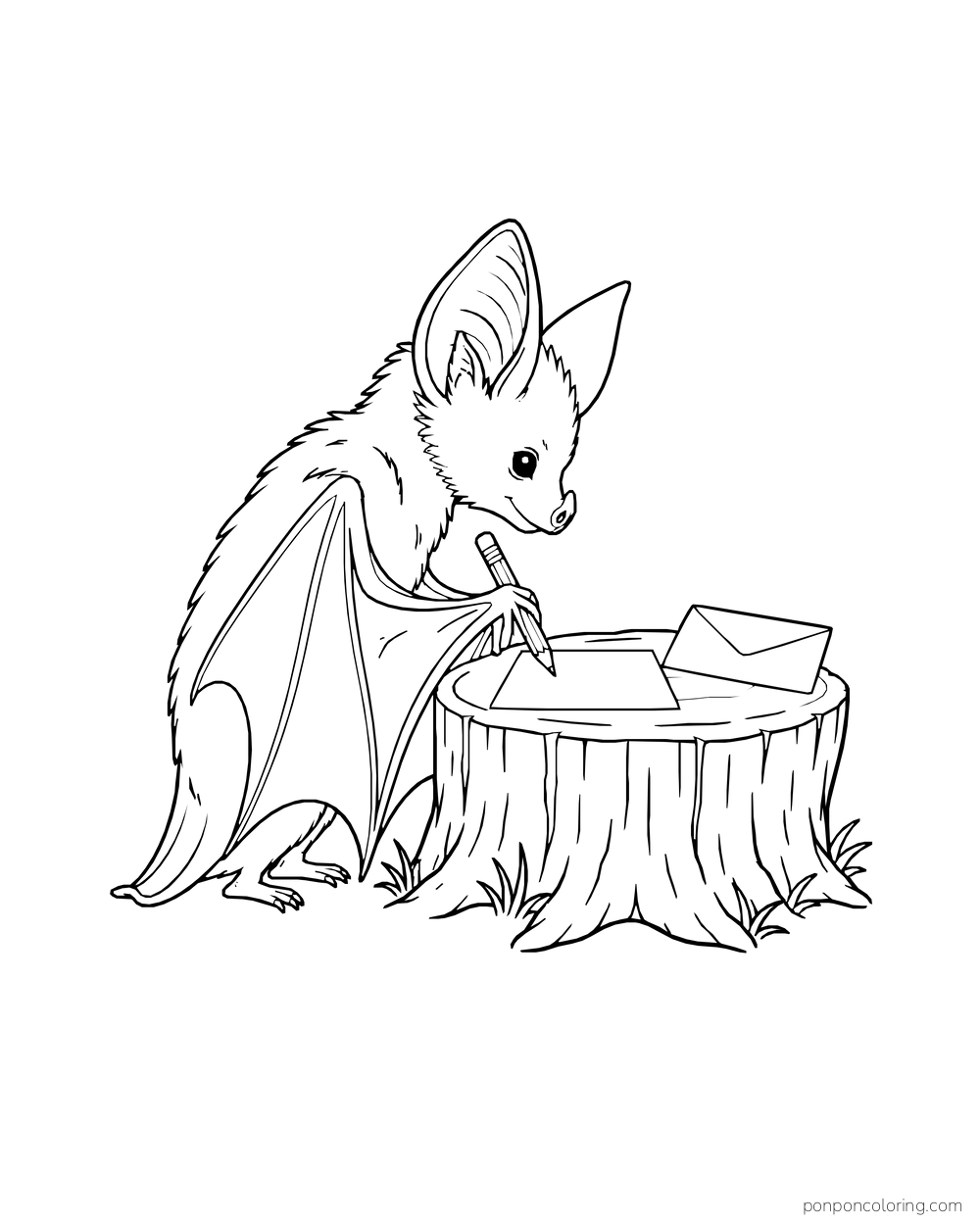 A bat writes on a blank postcard at a tree-stump desk beside an envelope.