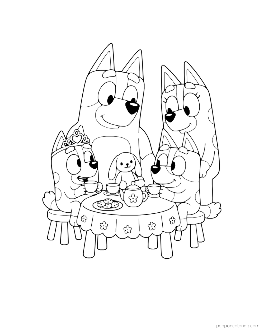 Bluey wears a tiara at a floral tea table with Bingo, Bandit, Chilli, and a toy rabbit.