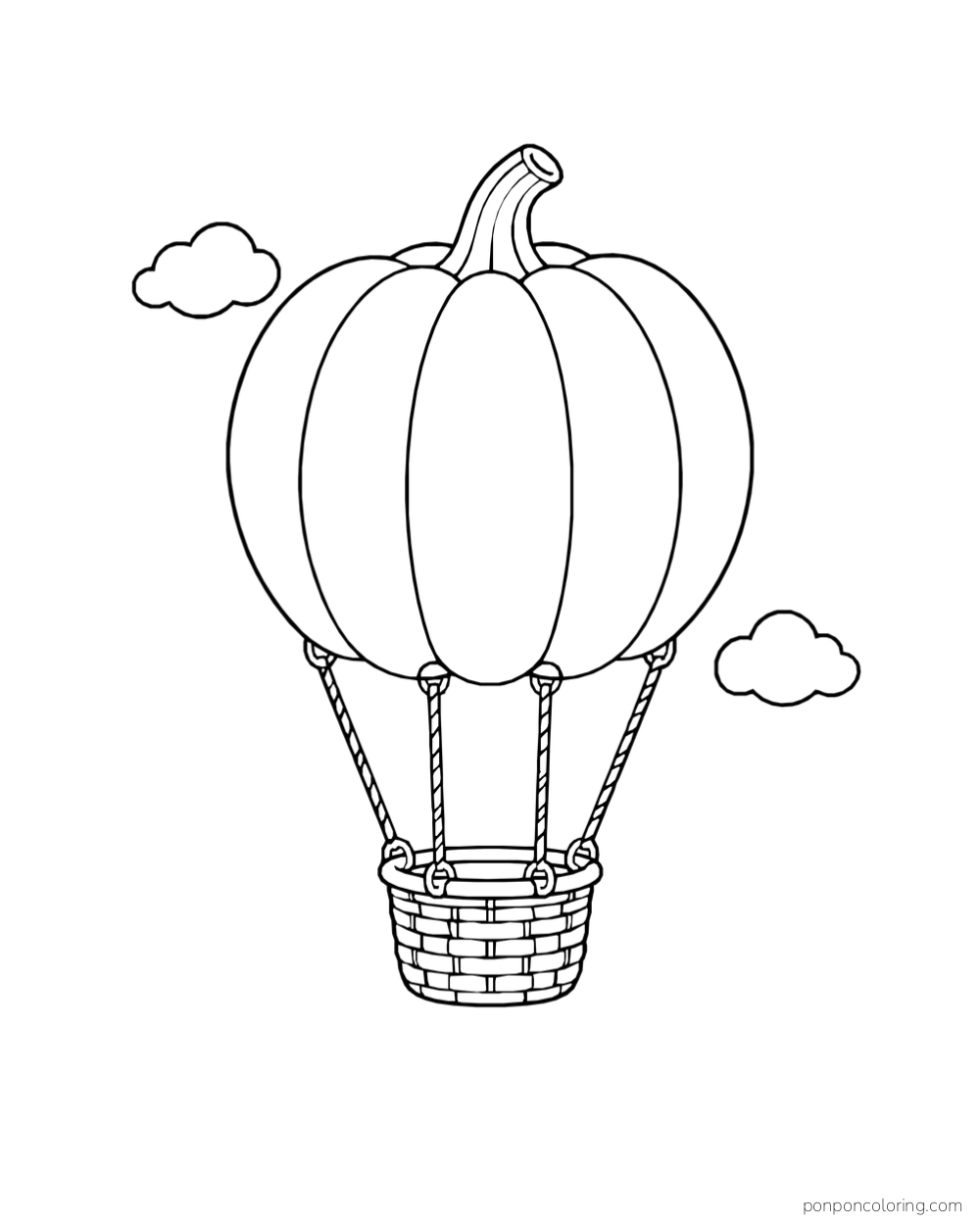 A pumpkin-shaped balloon hangs above a woven basket on four ropes between two small clouds.