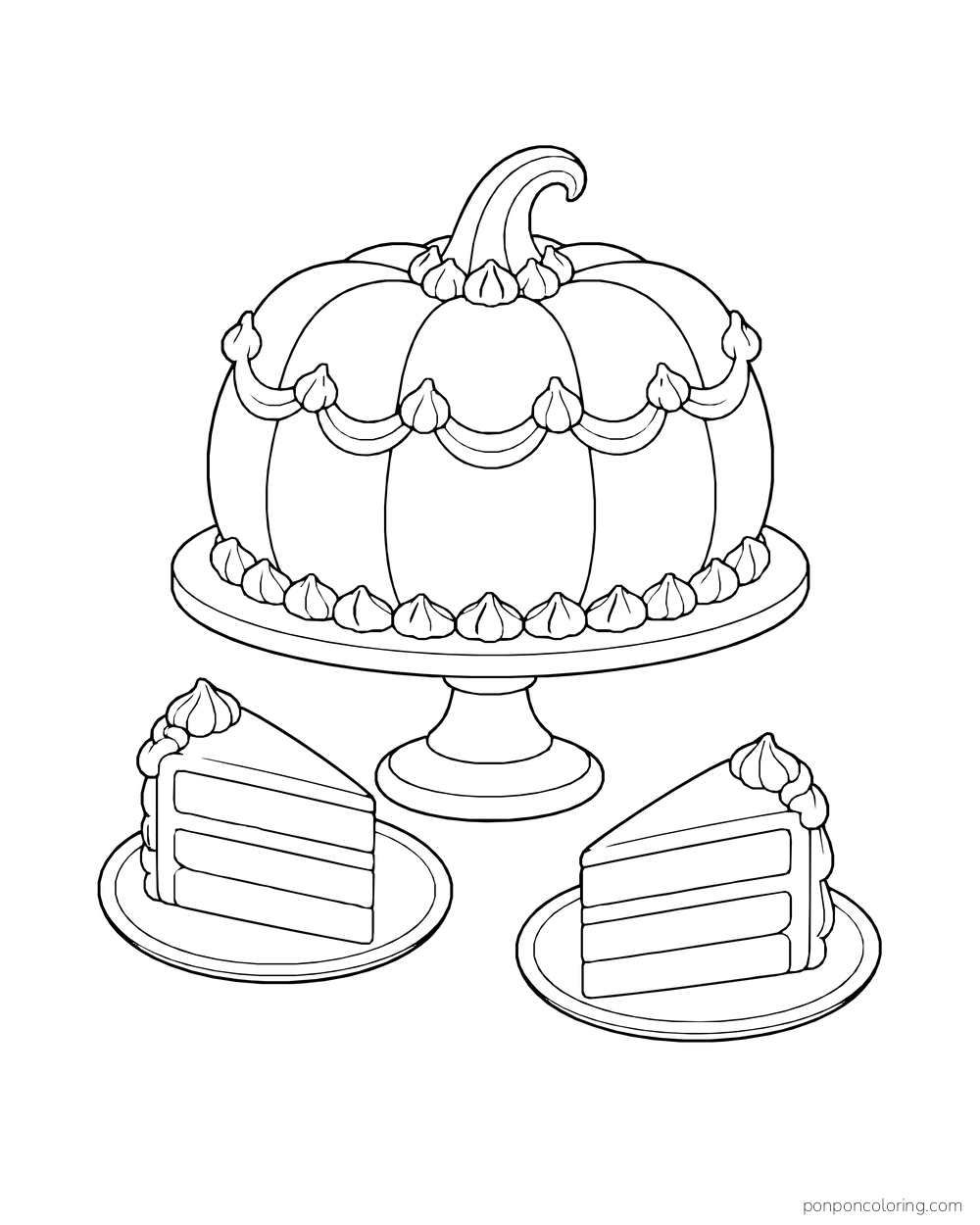 A pumpkin-shaped cake with piped frosting stands above two slices on separate plates.