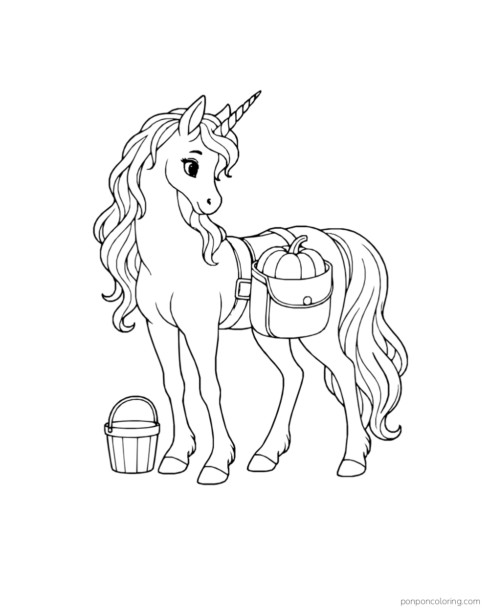 A unicorn with a flowing mane carries a pumpkin in a side bag and stands beside a small bucket.