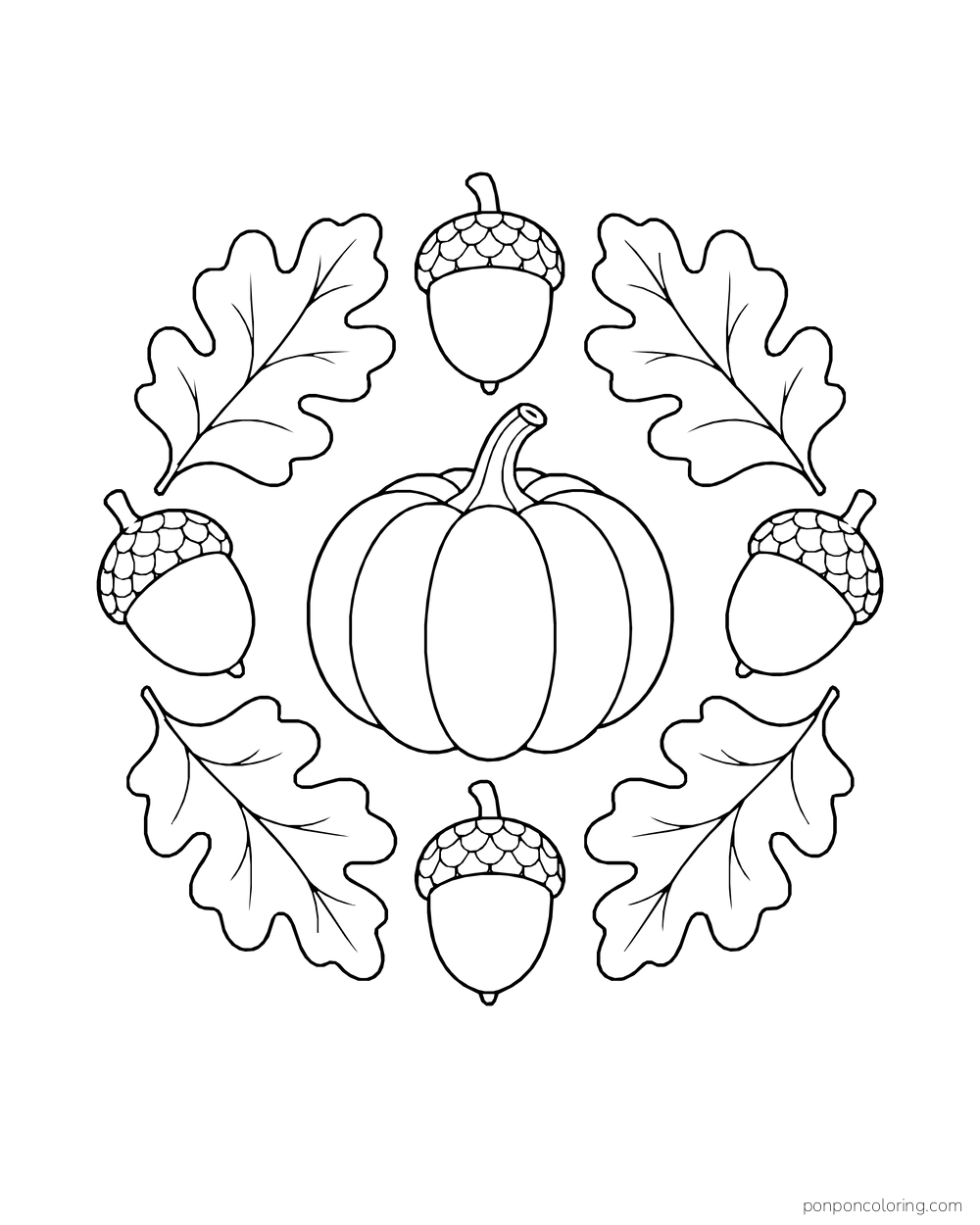 Four acorns and four oak leaves form a ring around a central pumpkin.