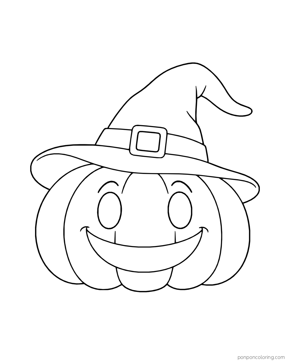 A squat smiling jack-o-lantern wears a broad pointed hat with a buckle band.