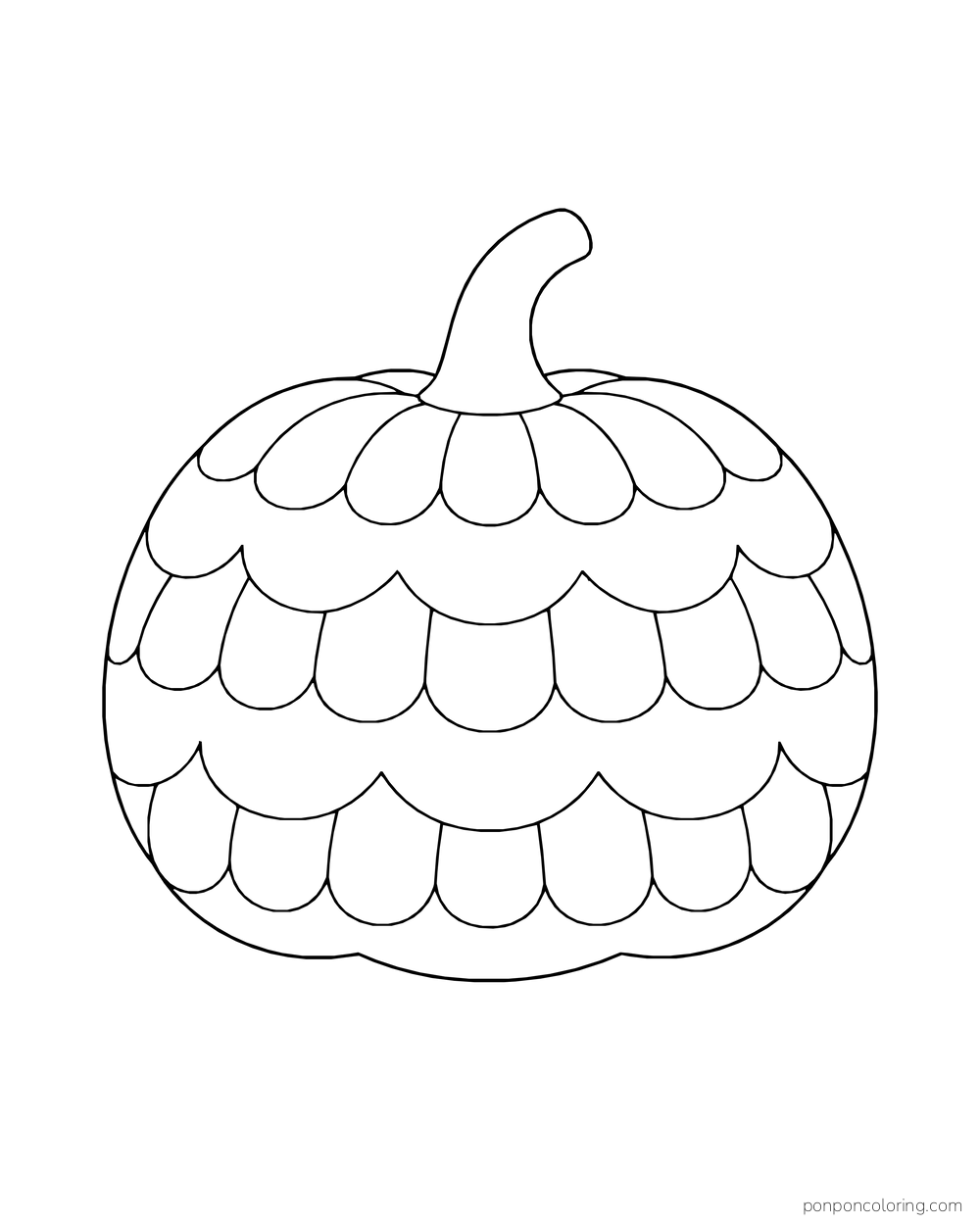 Broad scalloped bands and rounded panels decorate a squat pumpkin.
