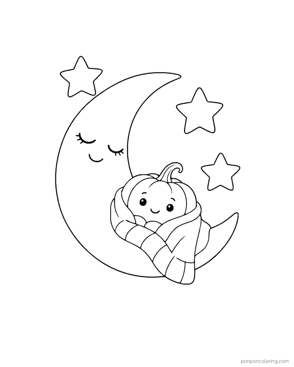 A smiling pumpkin wrapped in a blanket nestles against a sleepy crescent moon beneath three stars.