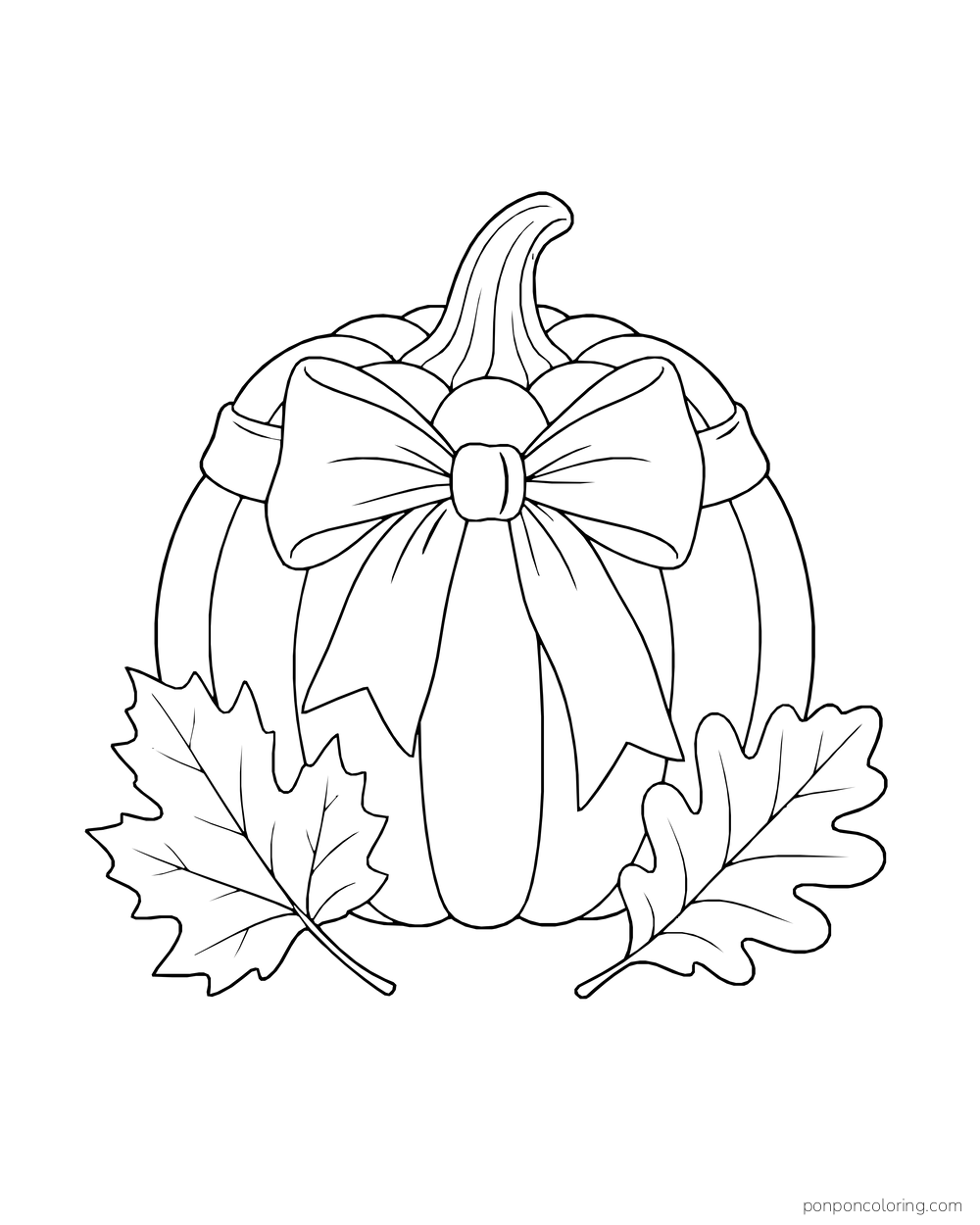 A large ribbon bow wraps around a pumpkin beside maple and oak leaves.
