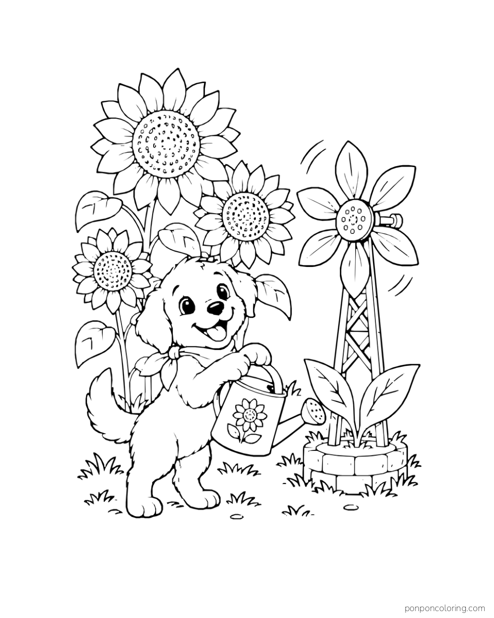 A puppy holds a watering can beside a flower-shaped garden windmill and sunflowers.