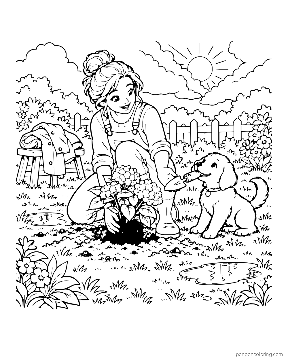 An adult plants a flowering seedling beside a puppy in a garden after the rain.