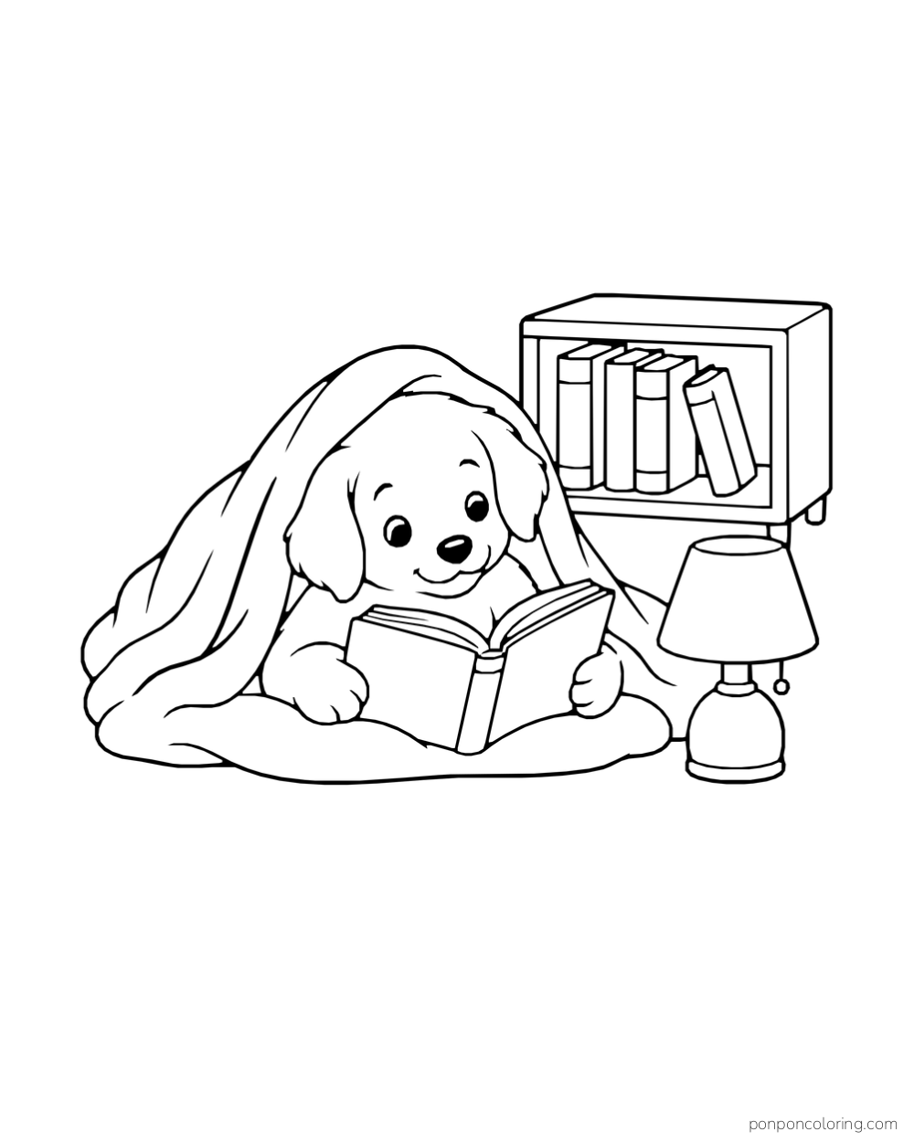 A puppy reading beneath a blanket beside a small lamp and low bookcase.