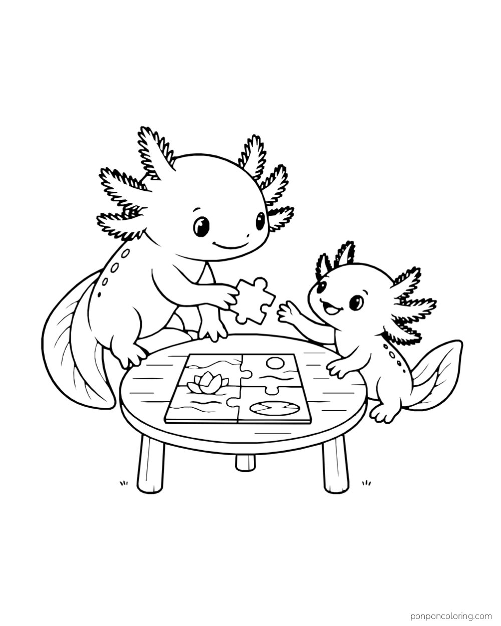 Two axolotls fitting a large puzzle piece into a board on a low round table.