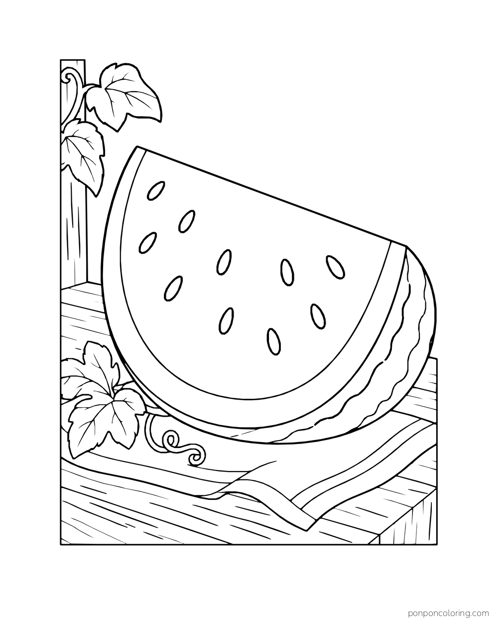 A quarter watermelon on a board beside vine leaves, with its cut face and layered rind visible.