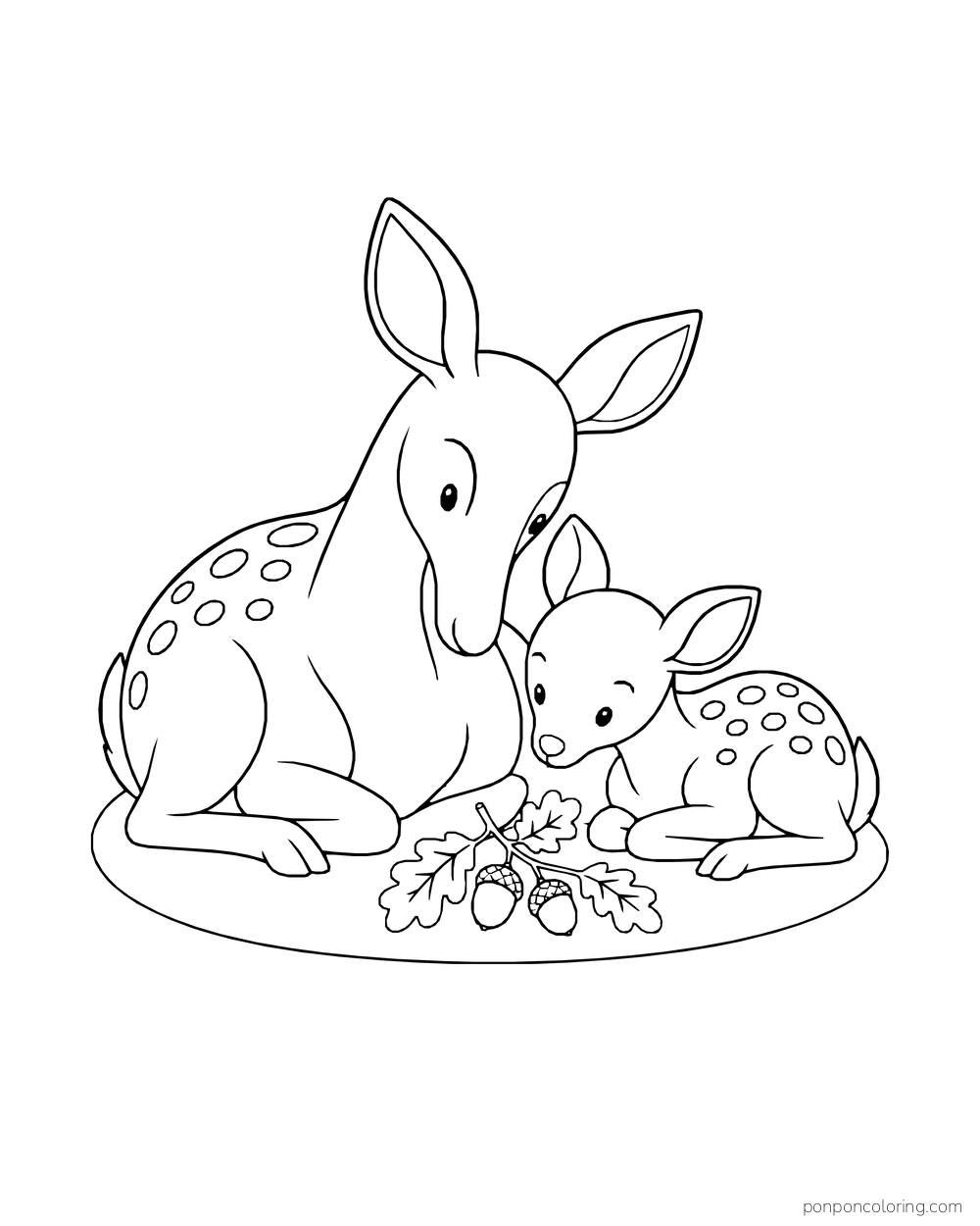 A deer and a fawn rest beside a twig carrying two acorns and three oak leaves.