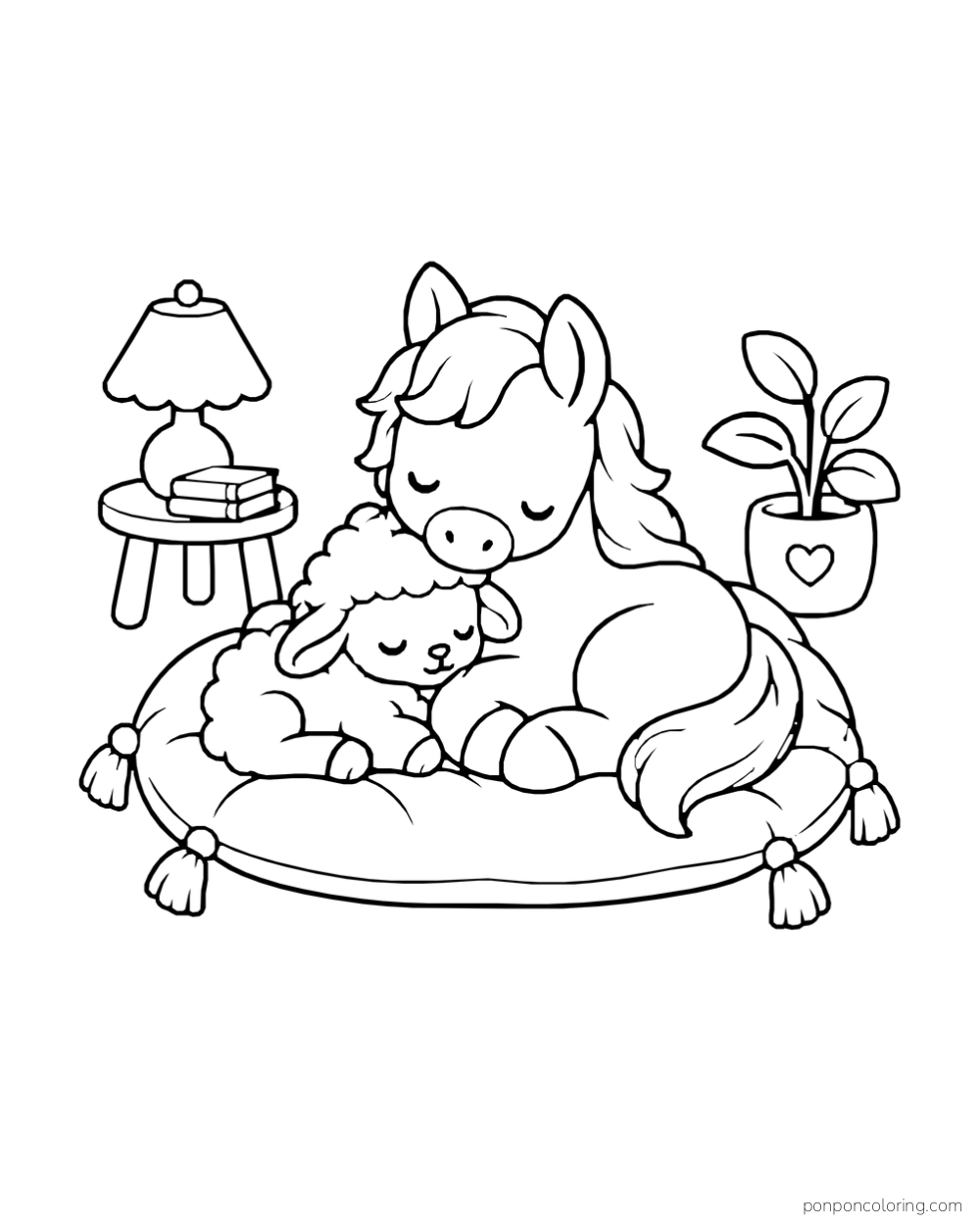 A pony and lamb sleep together on a tasseled cushion beside books and a lamp.